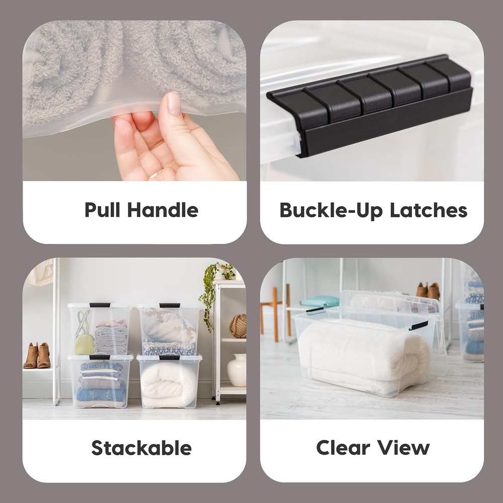 72 QT Plastic Storage Box with Lid - 4-Piece Set, Stackable Containers, Clear