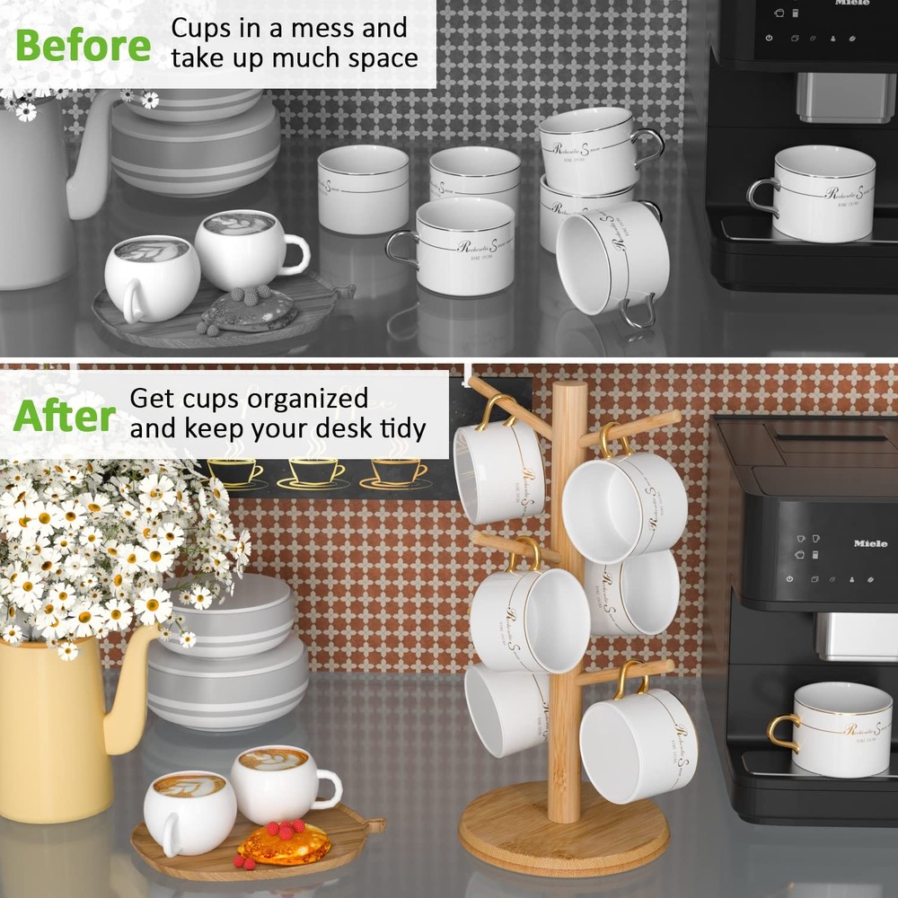 Bamboo Mug Tree with Thicker Base - Countertop Coffee Cup Stand with 6 Hooks