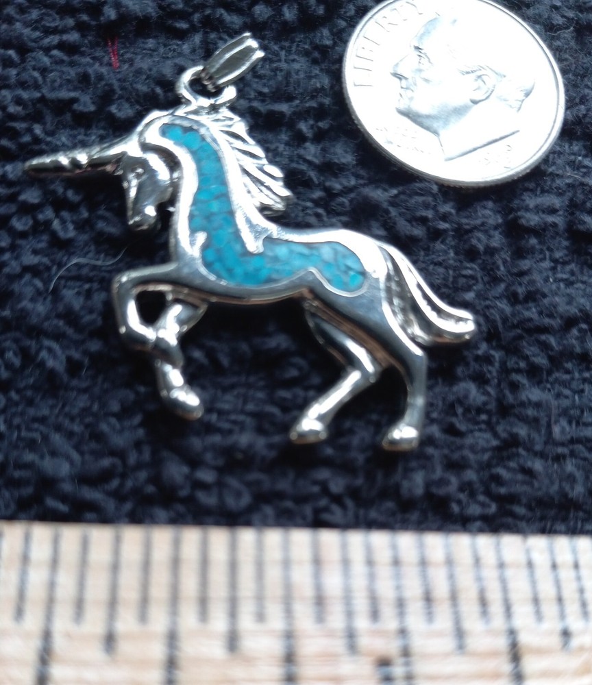 UNICORN CHARM SIGNED 83 with BALE INLAYED TURQUOISE CHIPS SS