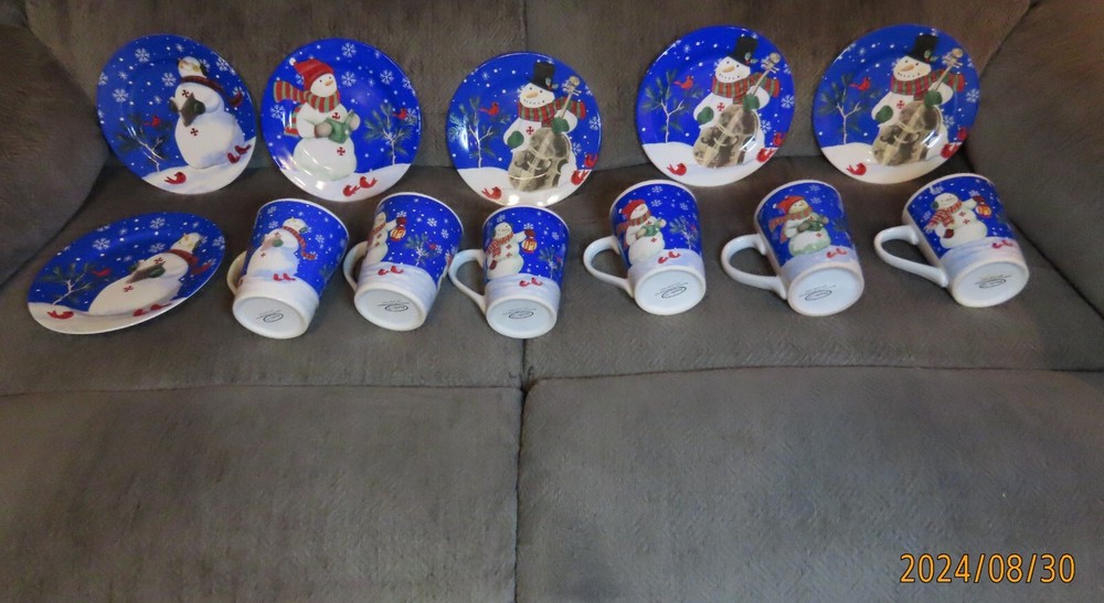 Set (6) Studio 33 7 Inch Snowman Dessert Plates and Mugs - 3 Diff Patterns