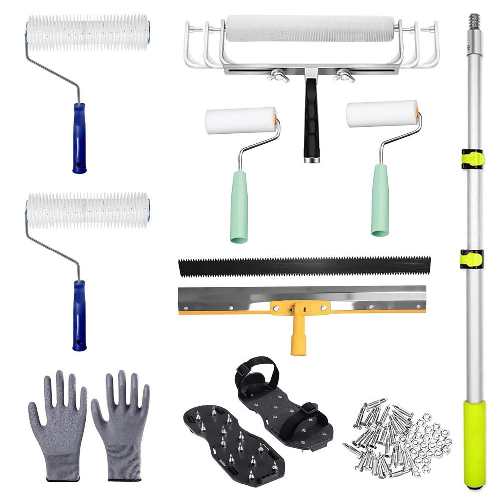 Self-Leveling Cement Kit with Epoxy Roller, Spike Shoes, and Rake Tools