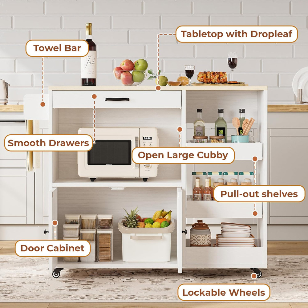 Rolling Kitchen Island Cart with Drop Leaf, Storage & Wheels - White
