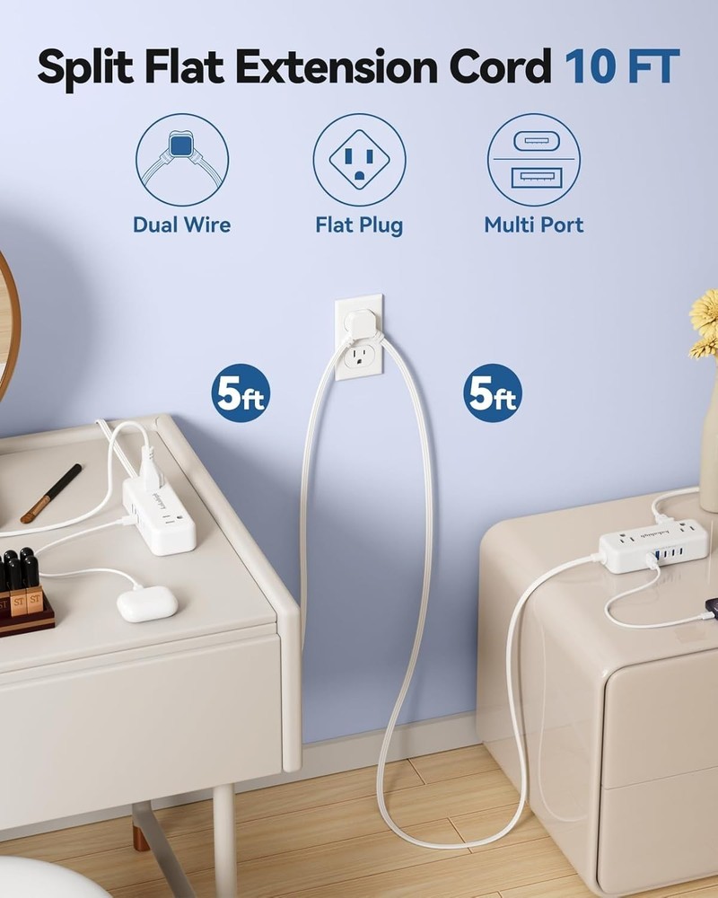 Split Extension Cord 10FT 5FT on Each Side, Single Flat Plug Twin Extension C...