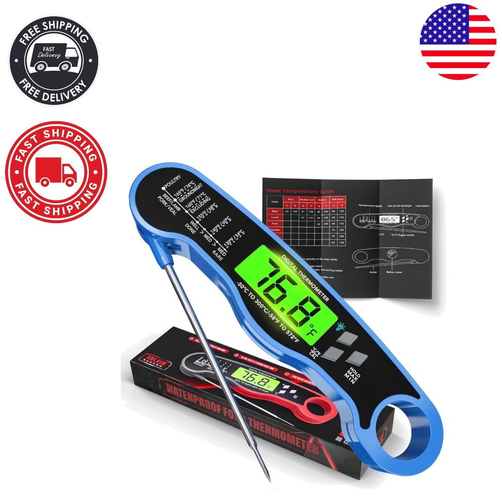 Blue Waterproof Digital Meat Thermometer with Fast Backlight Reading Feature