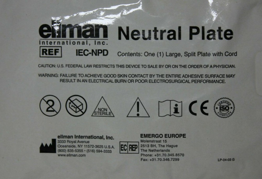 Case of Single Use Split Neutral Pad w/Cord for Specific Ellman RF Generators