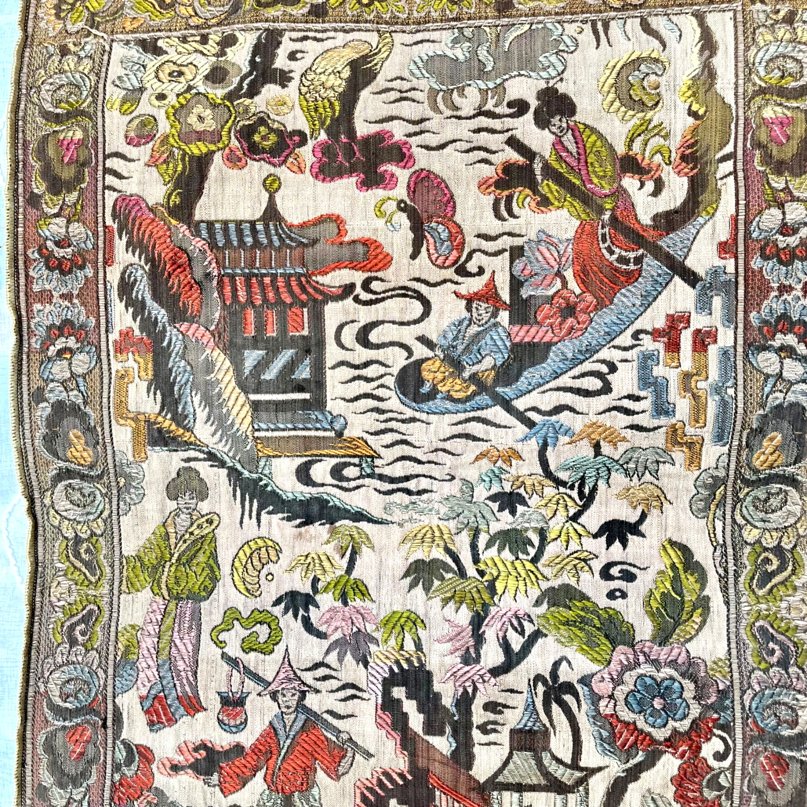 Vintage Asian Silk Hand Embroidered Textile 48 x 17 Panel Runner Pagoda Scene