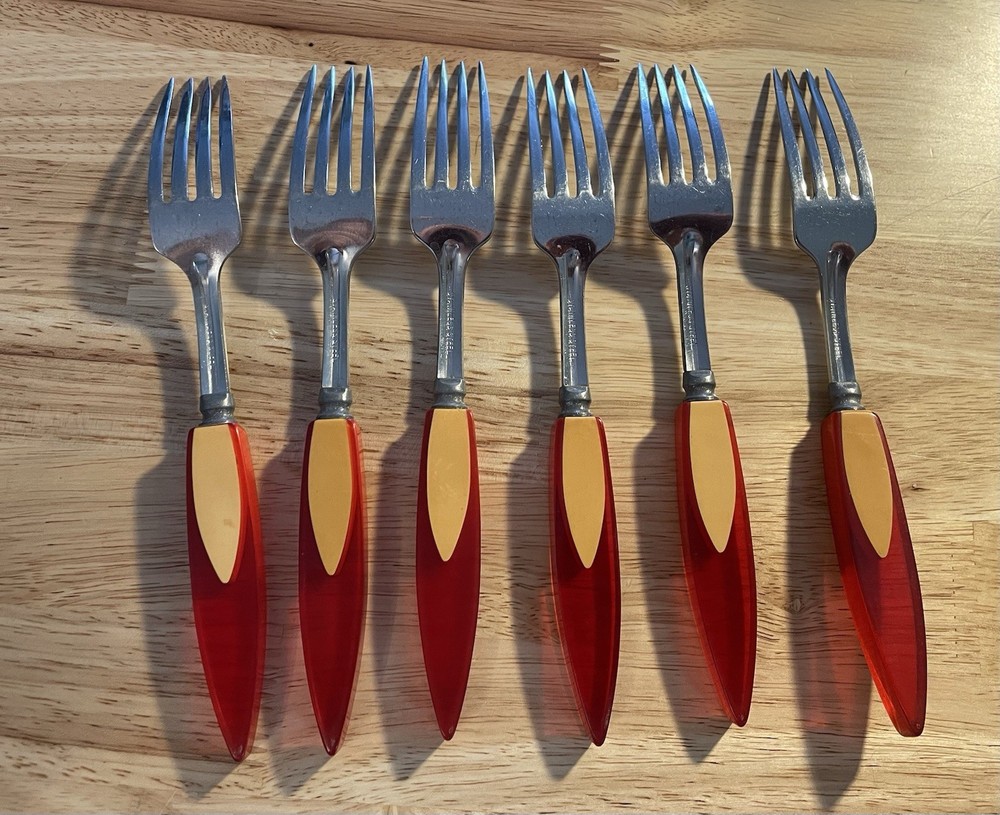 Bakelite Catalin Inlaid Teardrop Cherry Red Butterscotch Flatware 24 pc