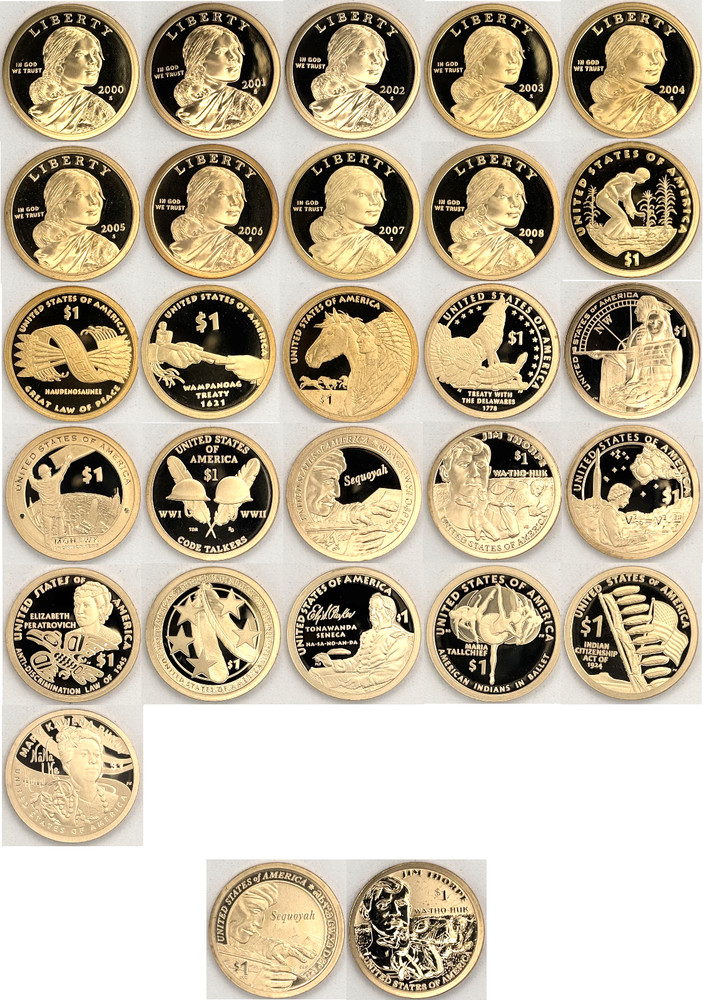 2000 - 2025 Sacagawea 28 Coin S Proof Set Including Reverse Proof & Enhanced Unc