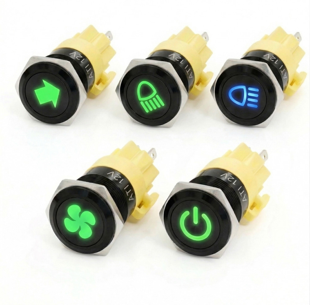 Alpinetech 19mm Latching Black Pushbutton Switch (with LED Ring or Symbol)