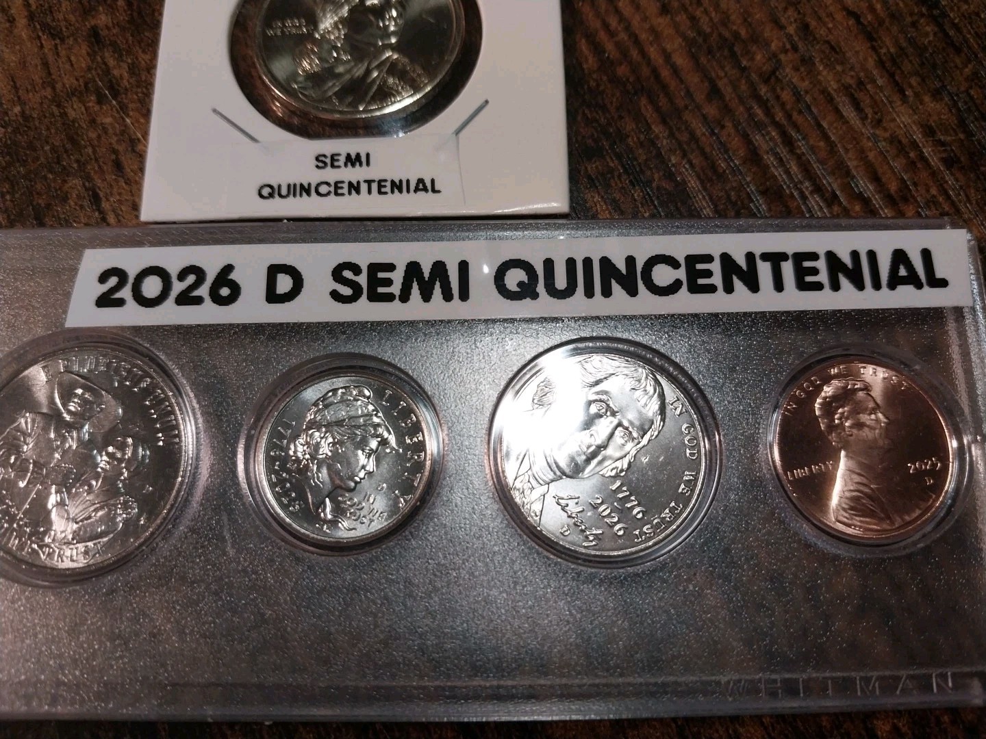 6 COIN SET W/DOLLAR 2026D WITH 2025 D CENT IN HOLDER W/LABELS SEMI QUINCENTENIAL
