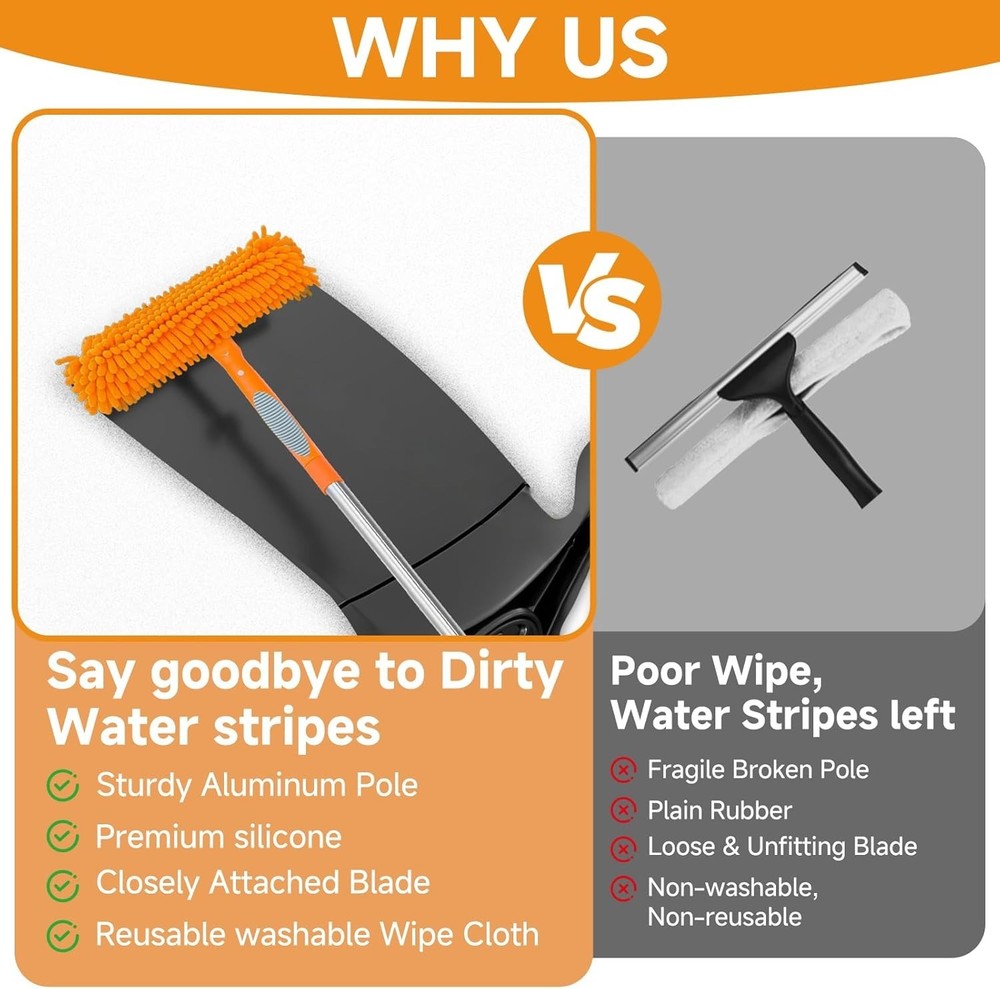 67" Squeegee Window Cleaner 2 in 1 Rotatable Window Cleaning Tool Kit with Ex...