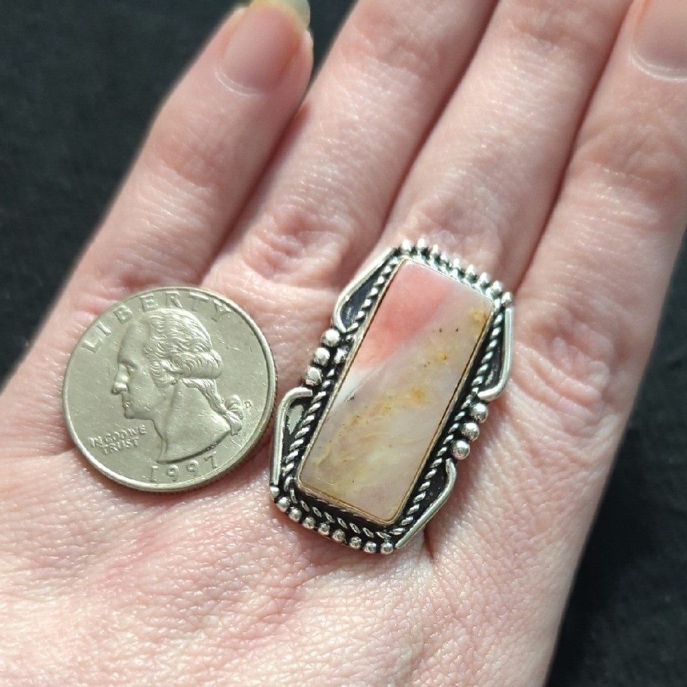 Silver Plated Pink Peach Cobra Jasper Gemstone Rectangular Statement Ring - 9.5