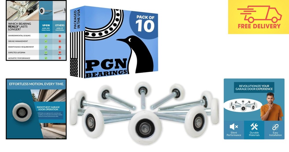 Durable 2" Nylon Rollers for Garage Doors - Quiet & Smooth, 10 Pack with 4" Stem
