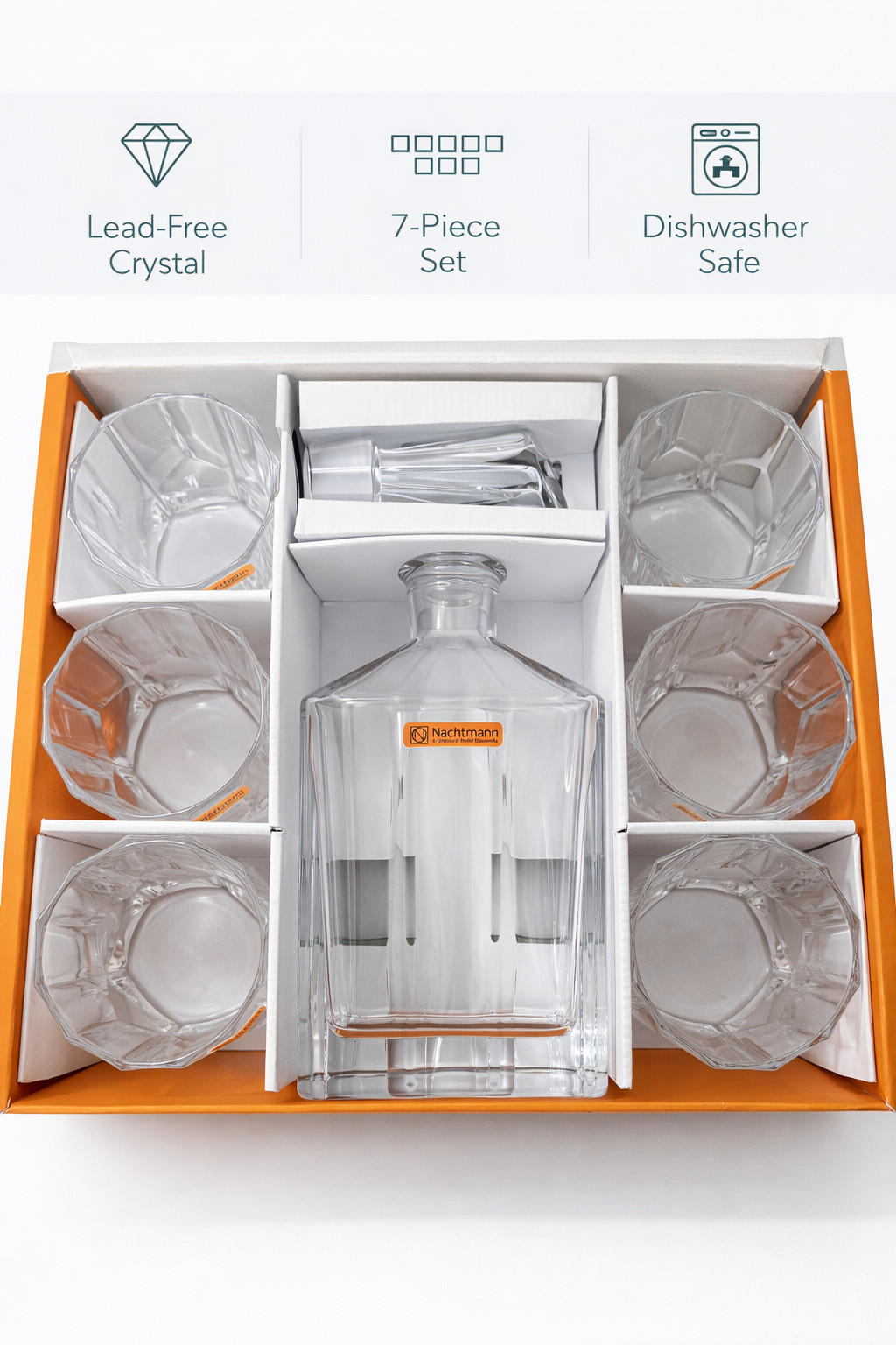 Nachtmann Aspen 7-Piece Whisky Decanter & Tumbler Set Lead-Free Crystal, 6 Glass