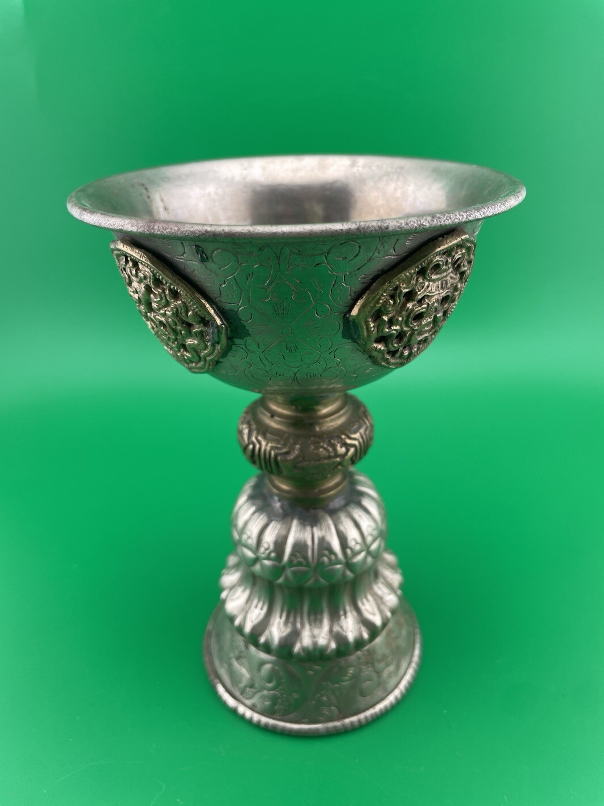 Vintage Tibetan Buddhist Butter Oil Alter Lamp Ornate Repousse Etched Designs