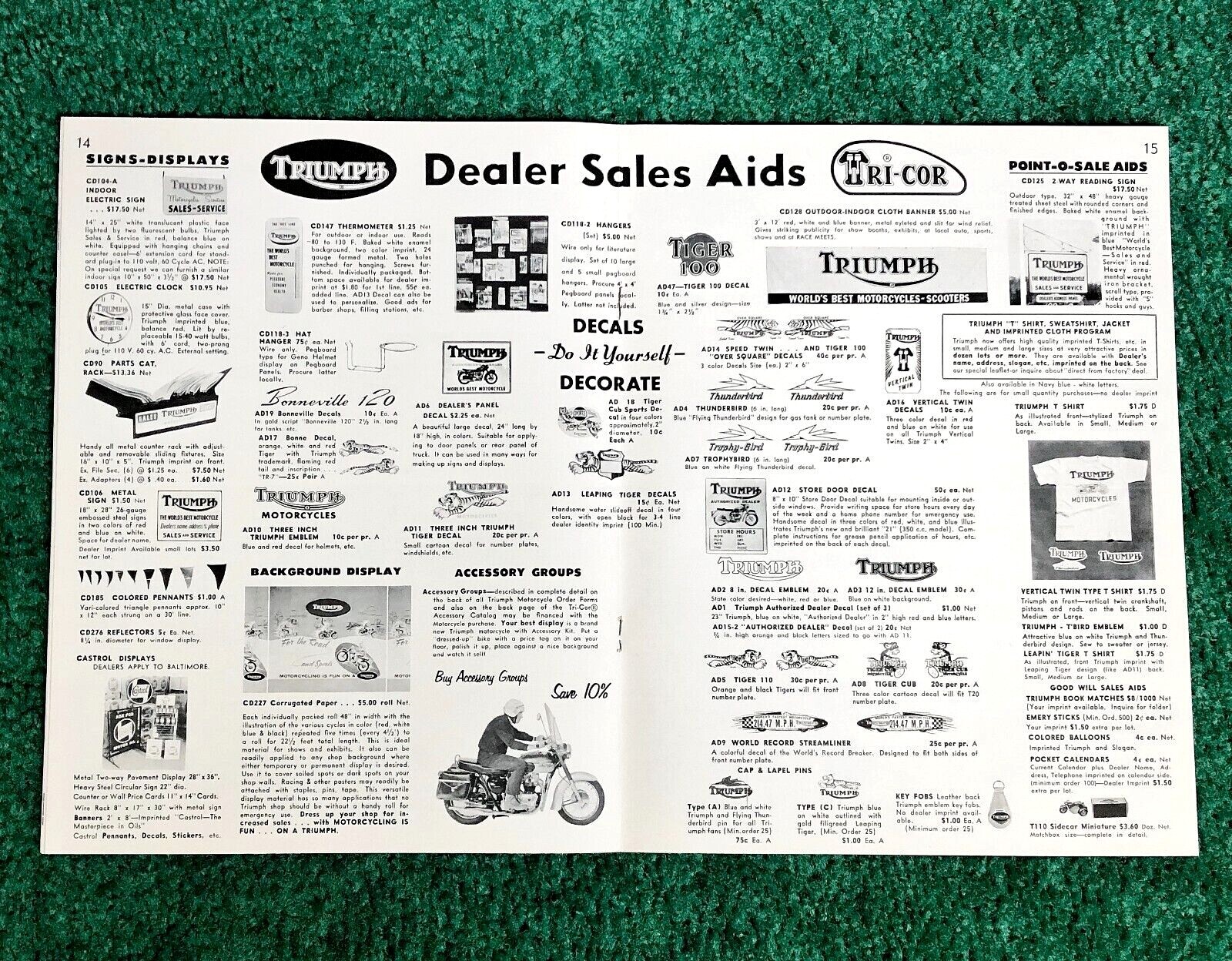 RARE 1962 TRIUMPH MOTORCYCLE DEALER BROCHURE SIGNS POSTERS CLOCKS RACING PARTS