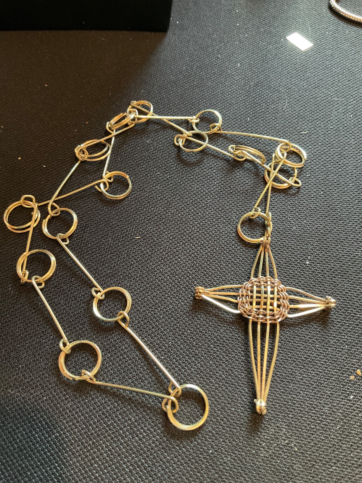 Handcrafted Gold Filled Wire Artisan Lg Cross & Unique Chain Mexico W/Paperwork