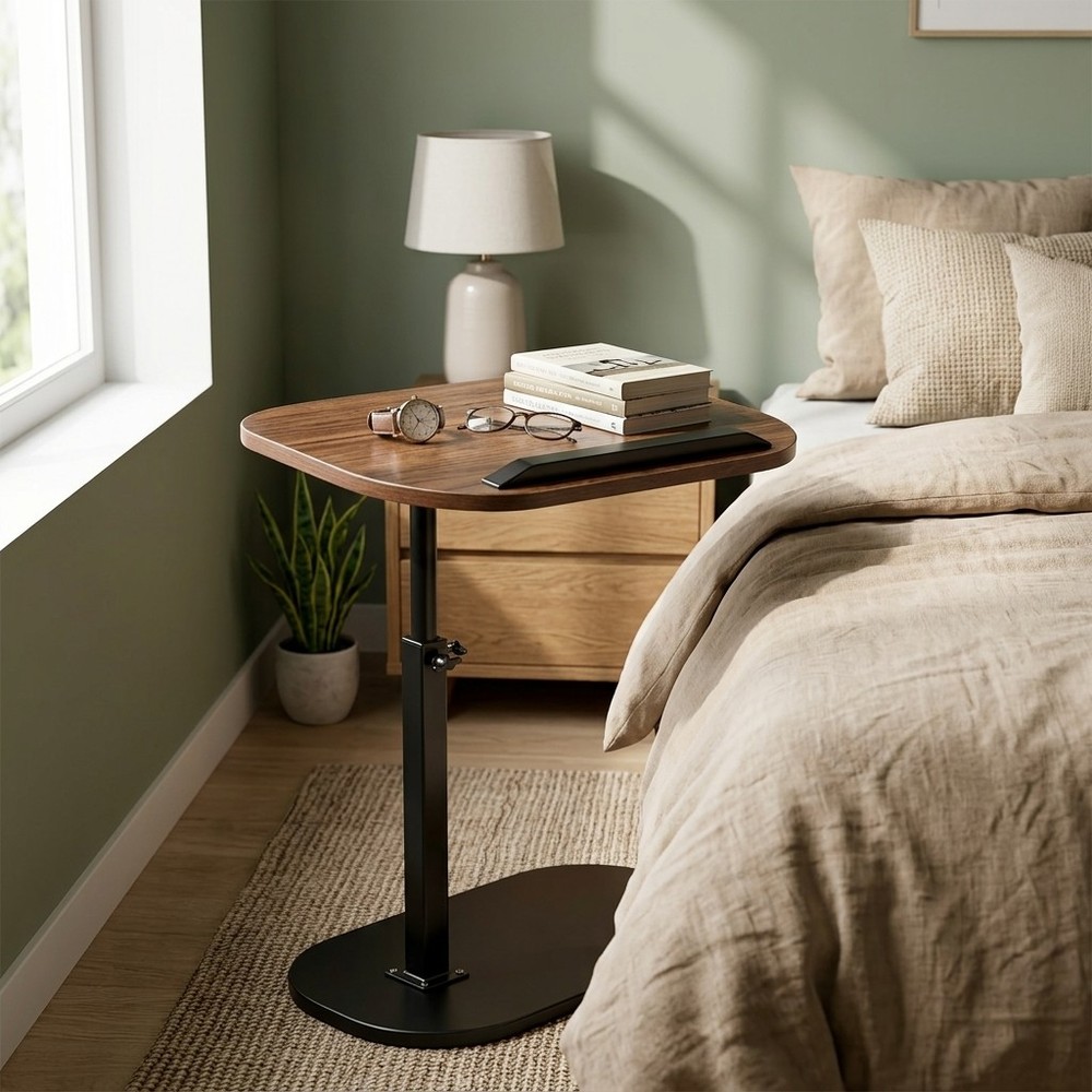 Walnut Height Adjustable Swivel Side Table, C-Shaped Sofa End Table
