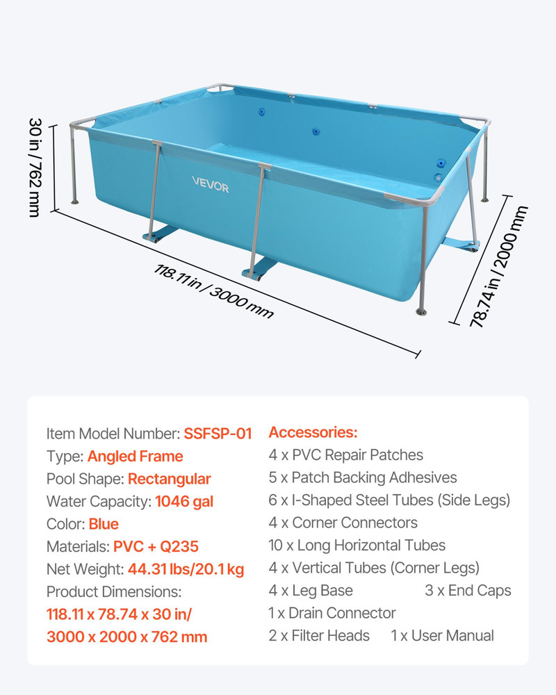 VEVOR 10ft x 6.5ft Rectangular Steel Frame Above Ground Swimming Pool Blue