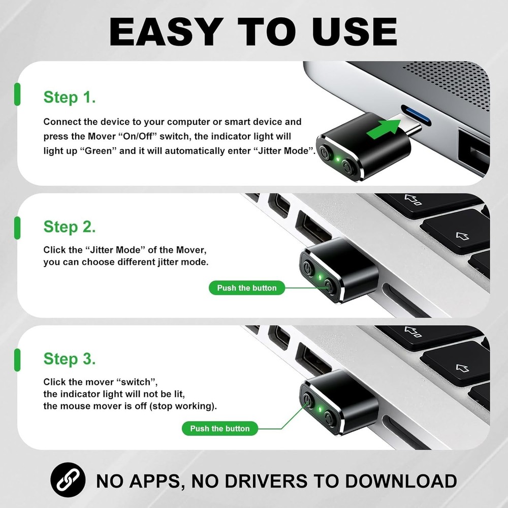 Mini USB-C Mouse Jiggler Undetectable Plug & Play with 3 Jitter Modes & Switch