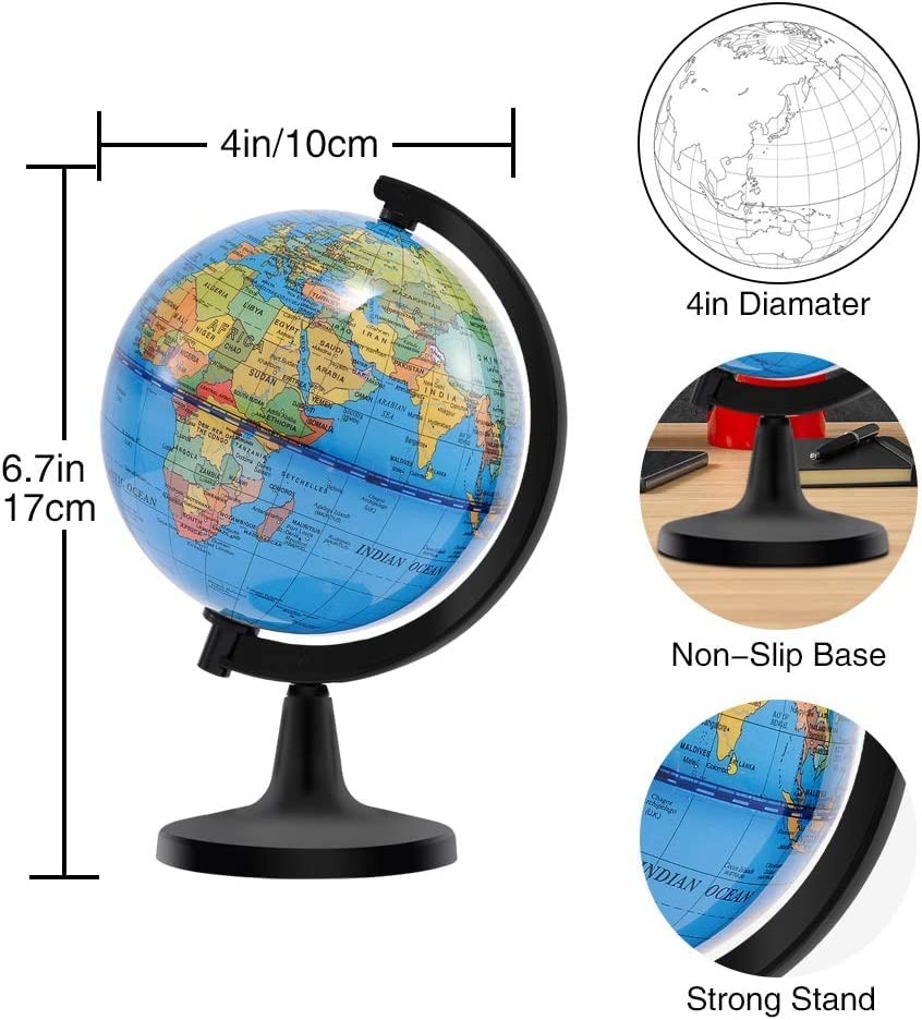 4'' World Globe for Kids Learning, Educational Rotating World Map Globes Mini...