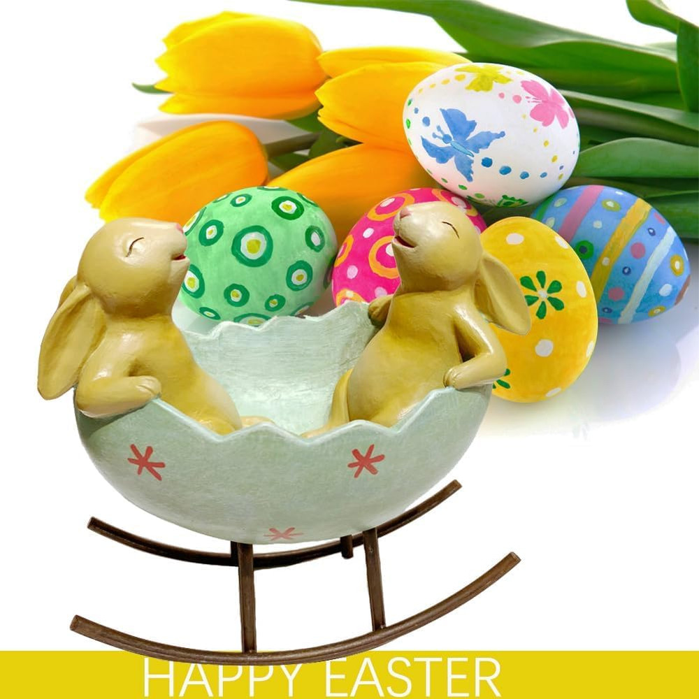 Laughing Bunny Rabbits Rocking in an Easter Egg Cradle Spring Easter Decoration