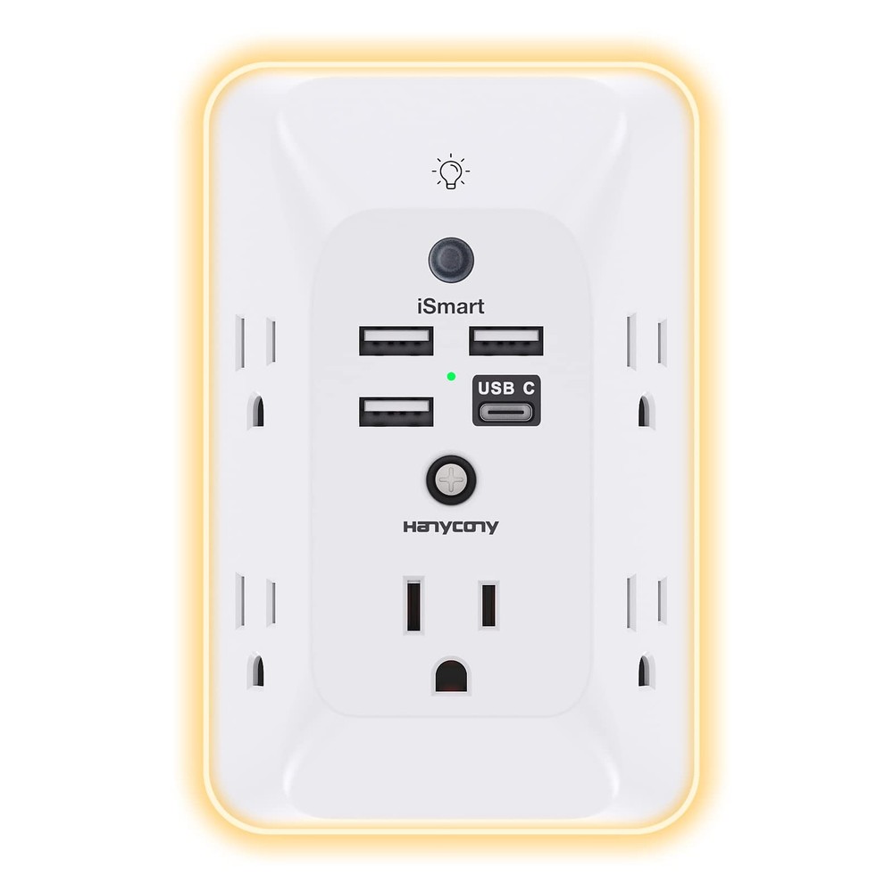 Outlet Extender with Night Light, HANYCONY Multi Plug Outlet, 1 USB C, White
