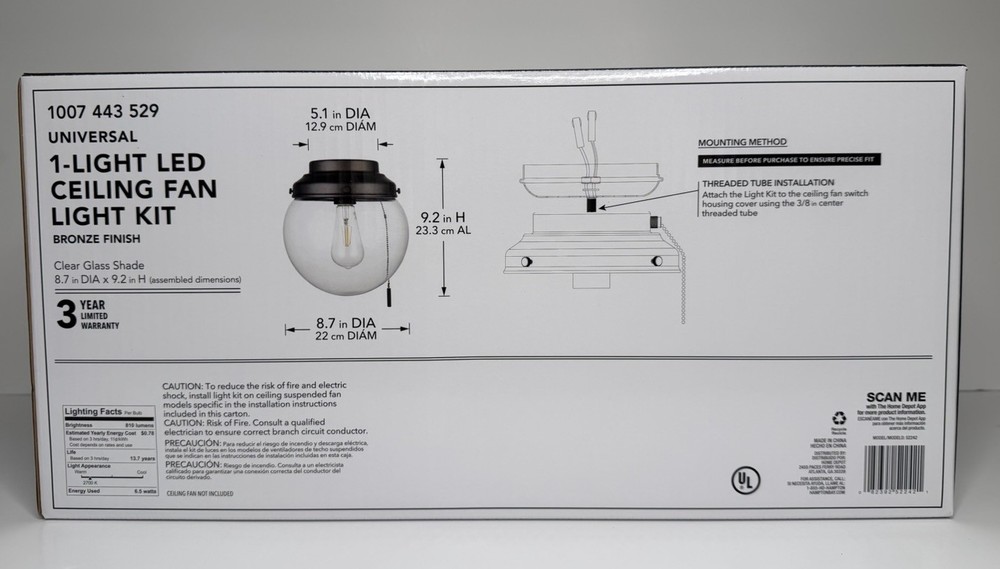 Hampton Bay 1 Light LED Ceiling Fan Light Kit