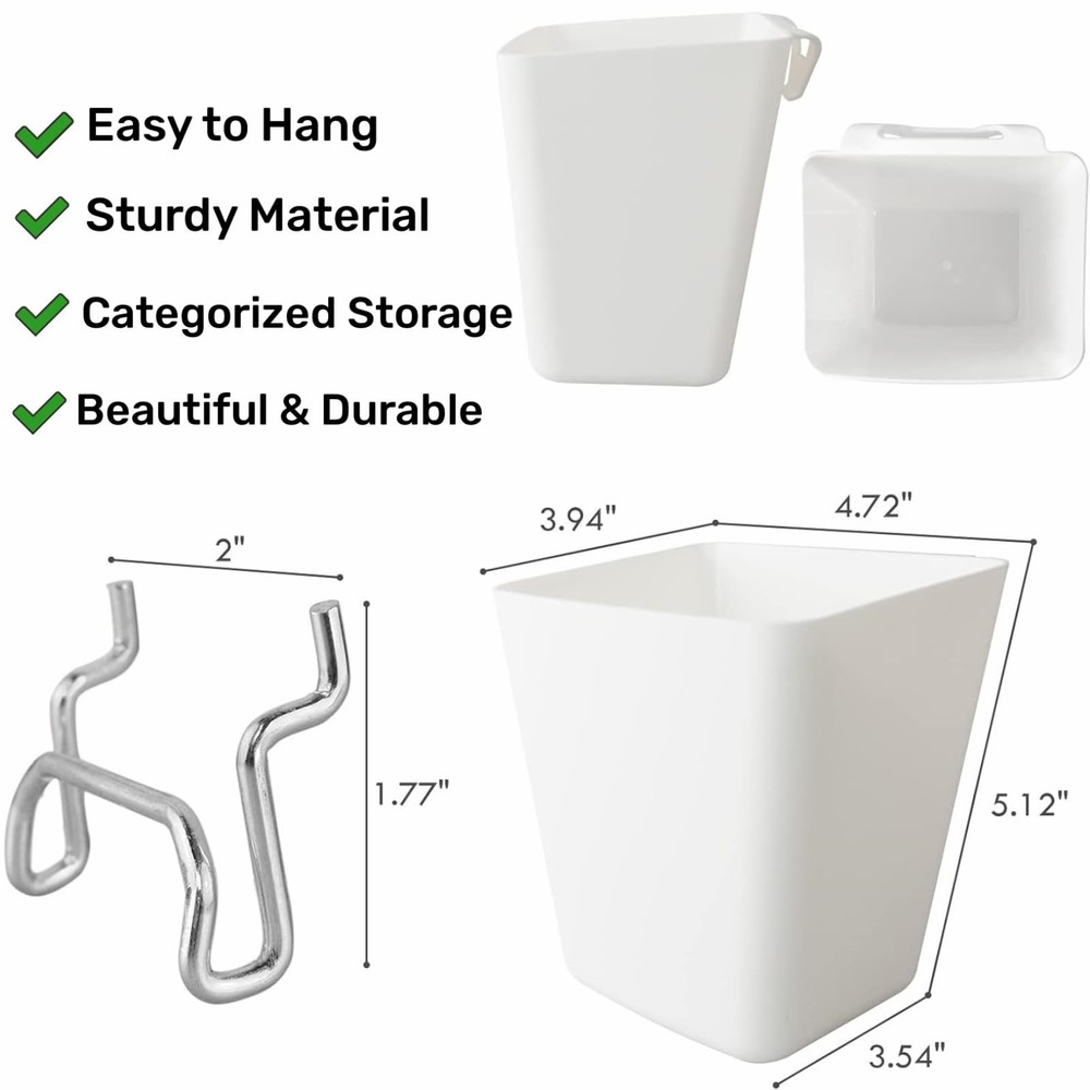 6Pack Pegboard Cups, Large Square Bins with Hooks, White, Polypropylene (PP),...
