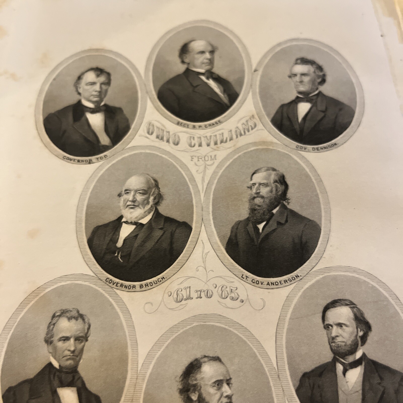 1867 Engraving Ohio Civil War Civilians Politicians Governor Tod Brough Dennison