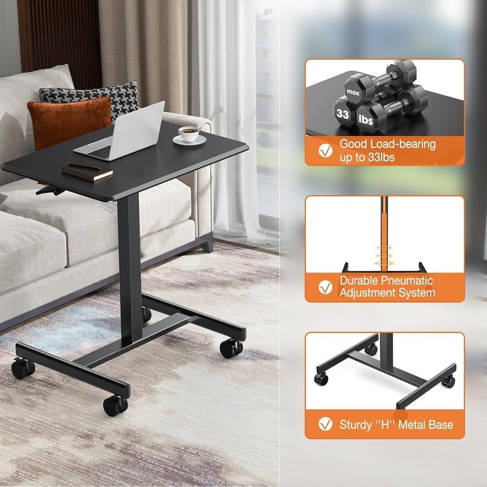 Portable Rolling Laptop Adjustable Height Black White Mobile Small Stading Desk