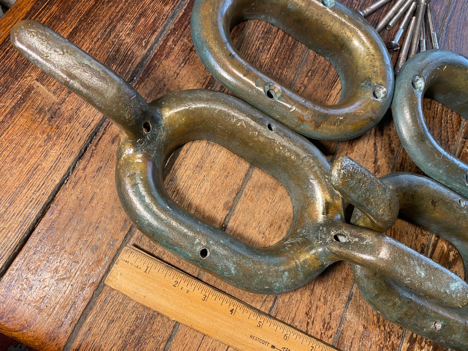 PAIR OF LARGE VINTAGE CAST BRONZE COMBINATION CLEAT/HAWSE HOLES 13" NICE PATINA!