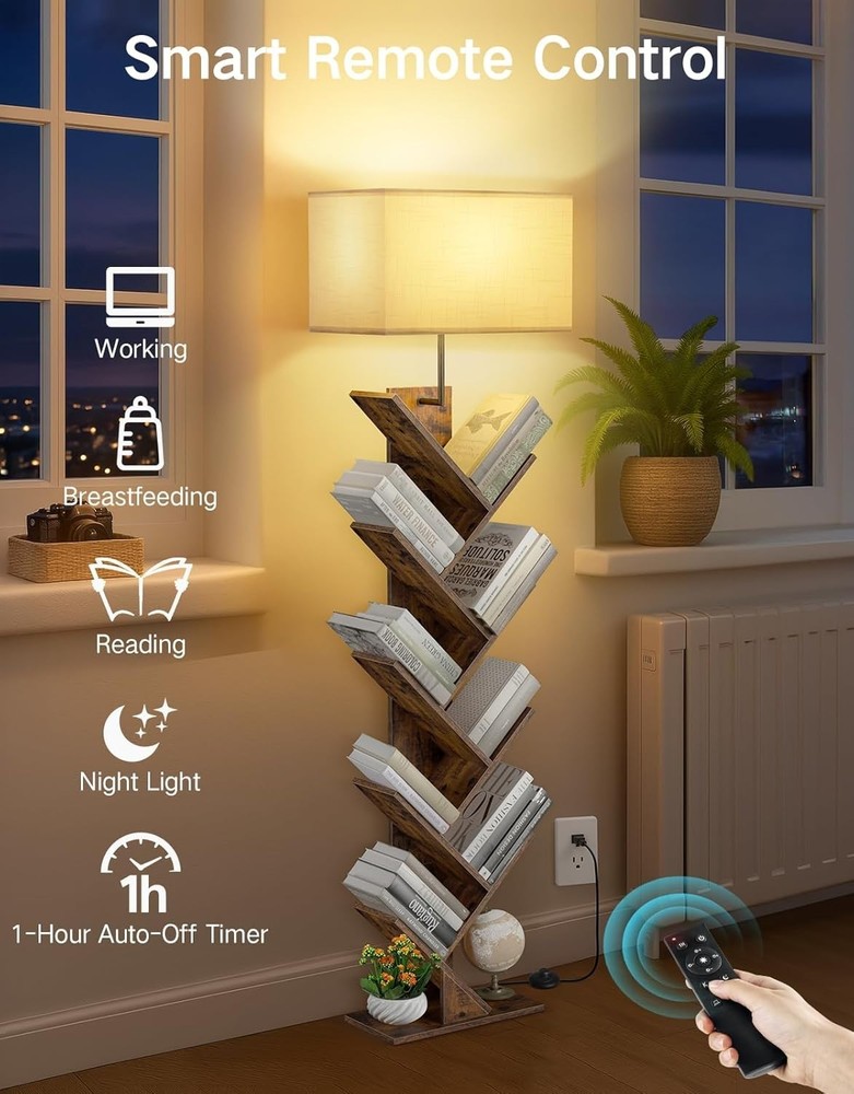 9 Tier Tree Bookshelf with Light, Remote & Timer, Modern Tall Floor Standing ...