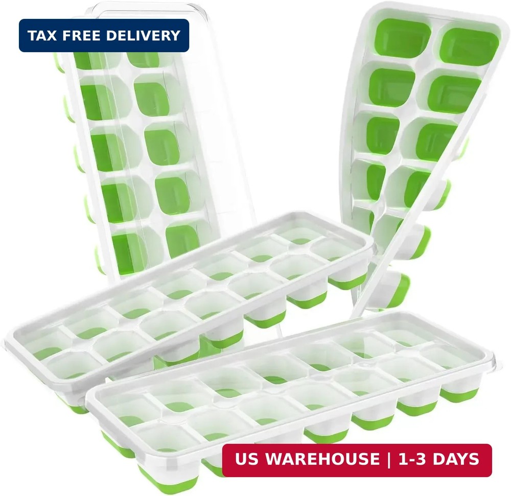 ChefAide Ice Cube Tray with Lid, 4 Packs 56 Cubes Durable Stackable Ice Cube Tra