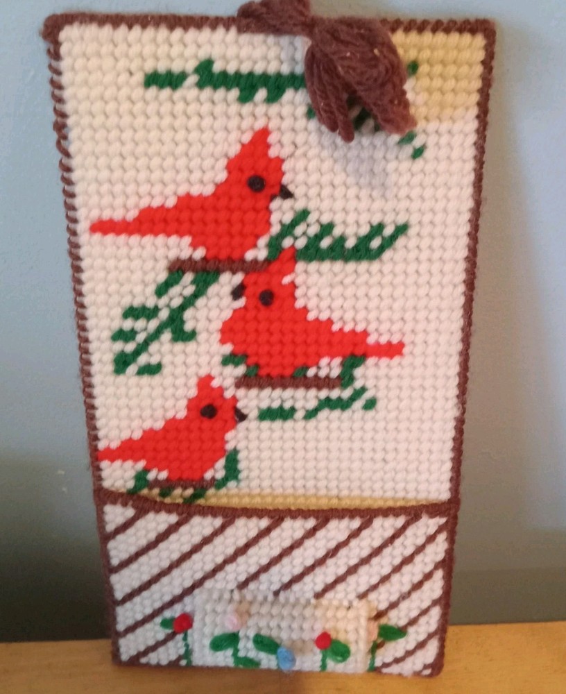 Handmade Plastic Canvas Needlepoint Wall Hanging Note Holder Cardinal