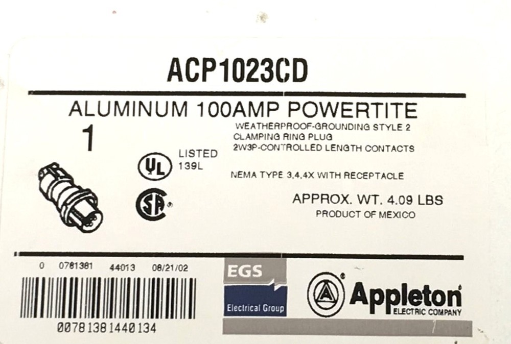Appleton ACP1023CD 100 Amp Pin & Sleeve Plug 2 Wire 3 Pole Style 2