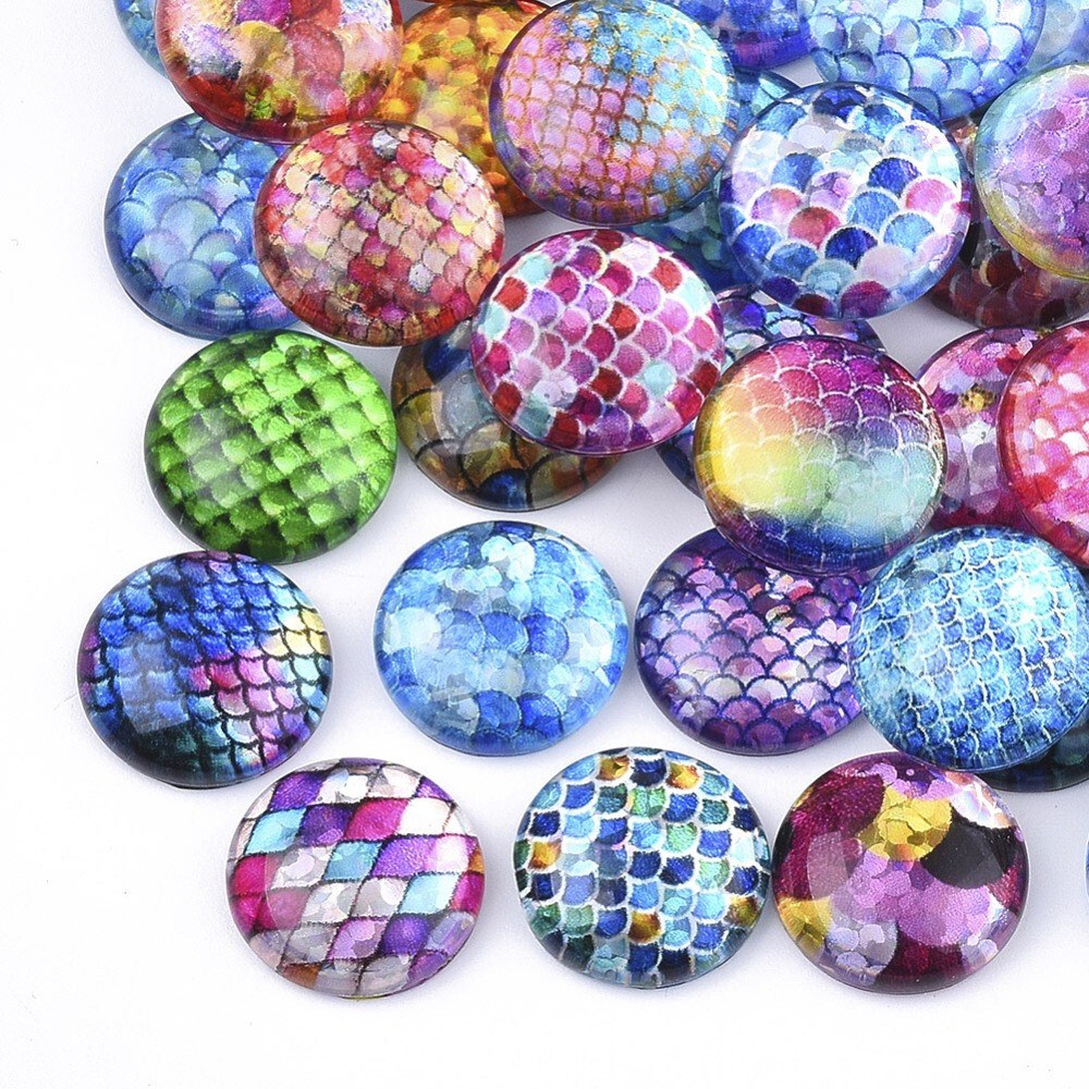 70pcs Flatback Glass Cabochons for Projects Dome/Half Round with Fish Scale