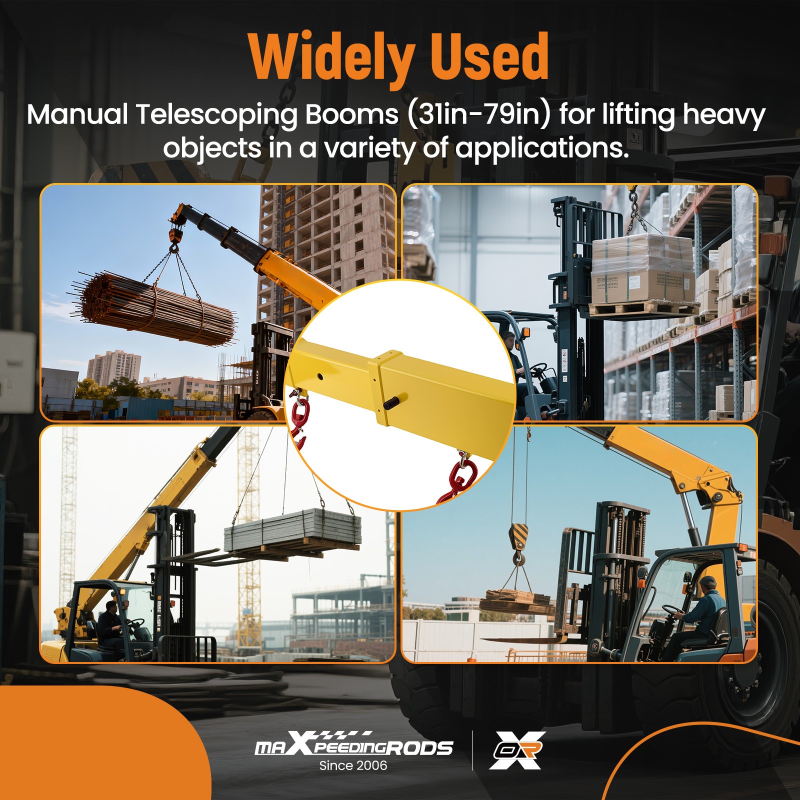 Heavy-Duty Steel Forklift Jib Boom - 47.25"-77" Adjustable Hooks Tool NEW