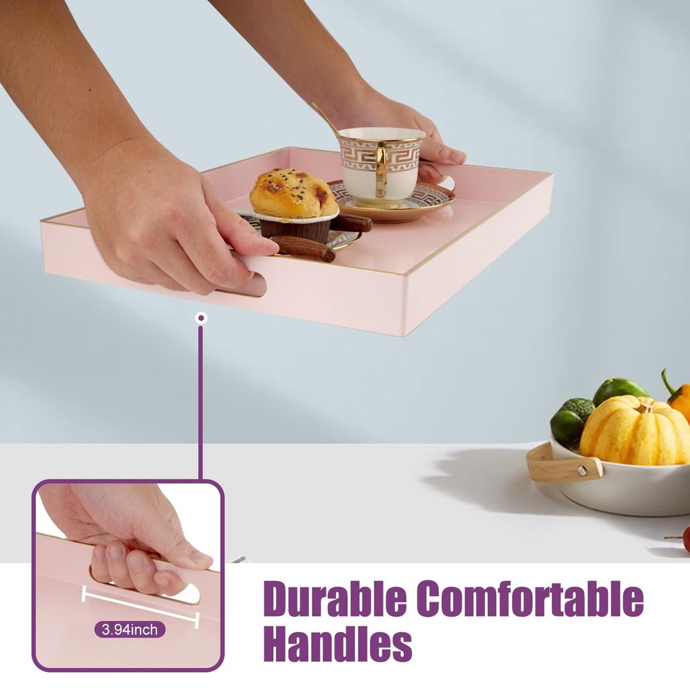 Pink Large Serving Tray with Handles，Rectangular Plastic Elegant Decorative C...