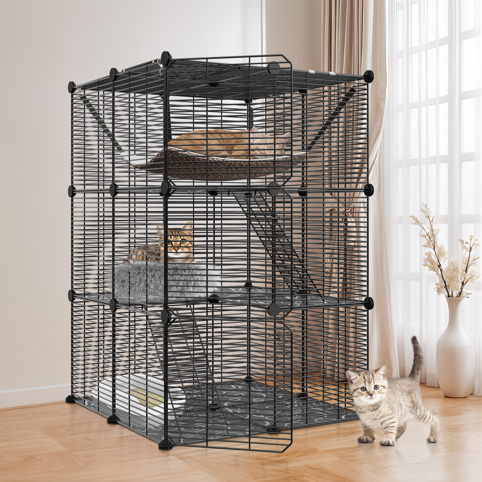 3-Tier Cat Cage Indoor Cat Enclosures DIY Detachable Metal Cat Kennel w/Hammock