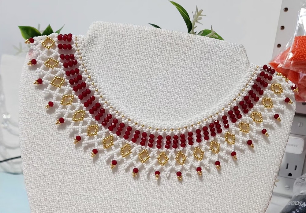 Red and White See Beads Necklace