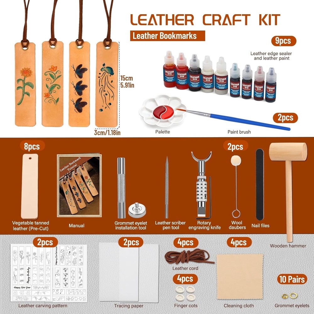 Leather Working Kit for Bookmark, Leatherbookmarks Making Kits with Dyeing Ca...