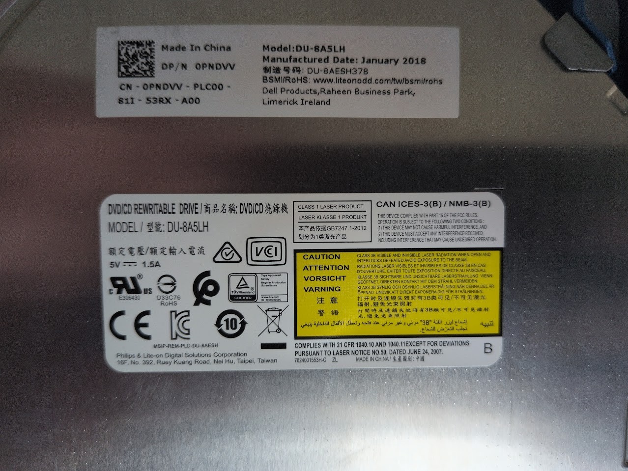 Lite-On DU-8A5LH 9.5mm SATA DVD-RW Optical Drive w/ Dell Optiplex Adapter