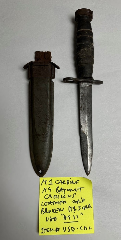 M1 CARBINE "CAMILLUS" LEATHER HANDLE BAYONET WITH BROKEN M8 SCABBARD # USD-CML