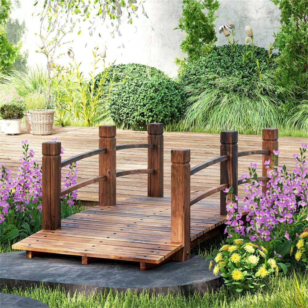 Wooden Garden Bridge Arc Footbridge Curved Bridge Frame with Side Rails