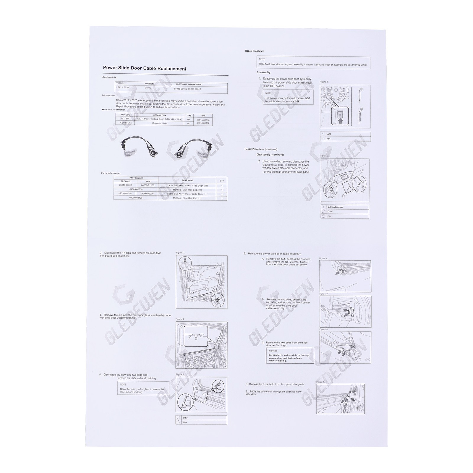 For 2011-2020 Toyota Sienna 3.5L V6 Rear Left Right Side Sliding Door Cable Kit