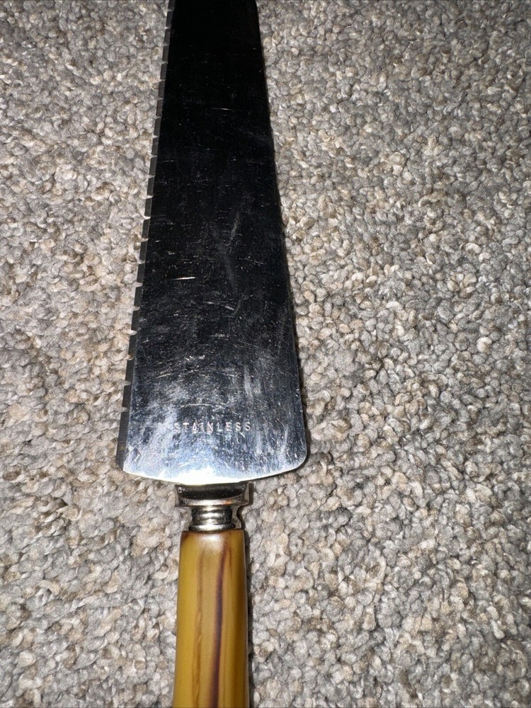 VTG 10" Metal Pie Cake Knife Server Brown Bakelite Marbled Handle Sharp