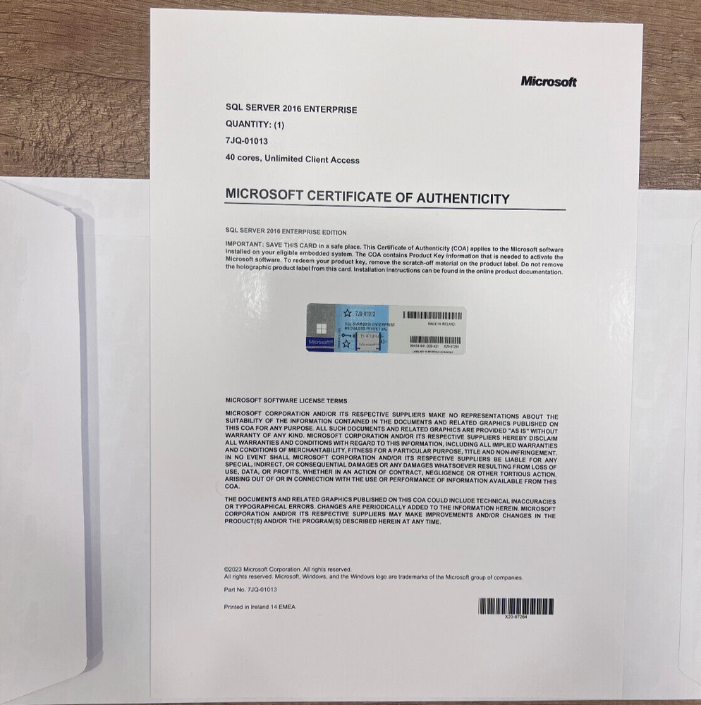 SQL Server 2016 ENTERPRISE 40 Core License Unlimited User CALs CoA Genuine Label