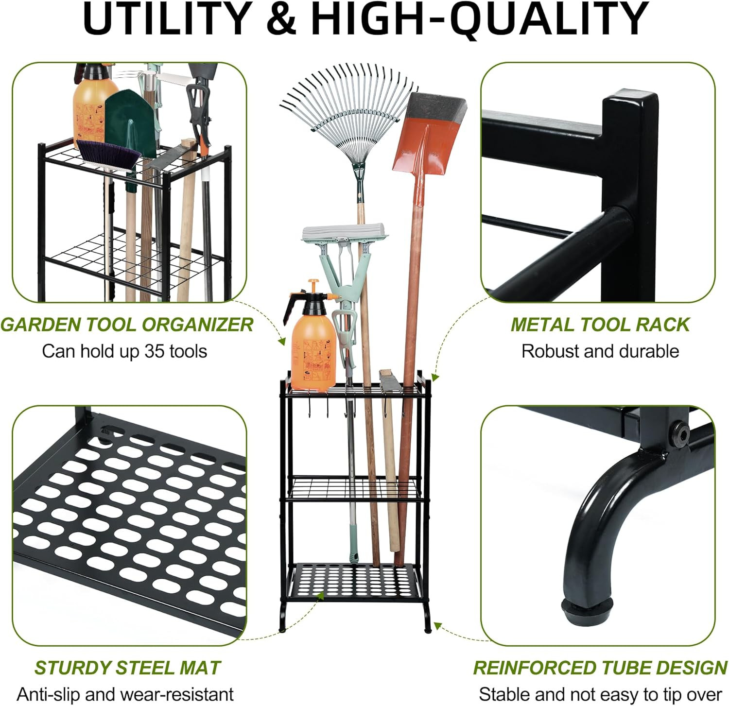 Garden Tool Organizer with Storage Hooks, Yard Tool Tower Rack for Garage Organi