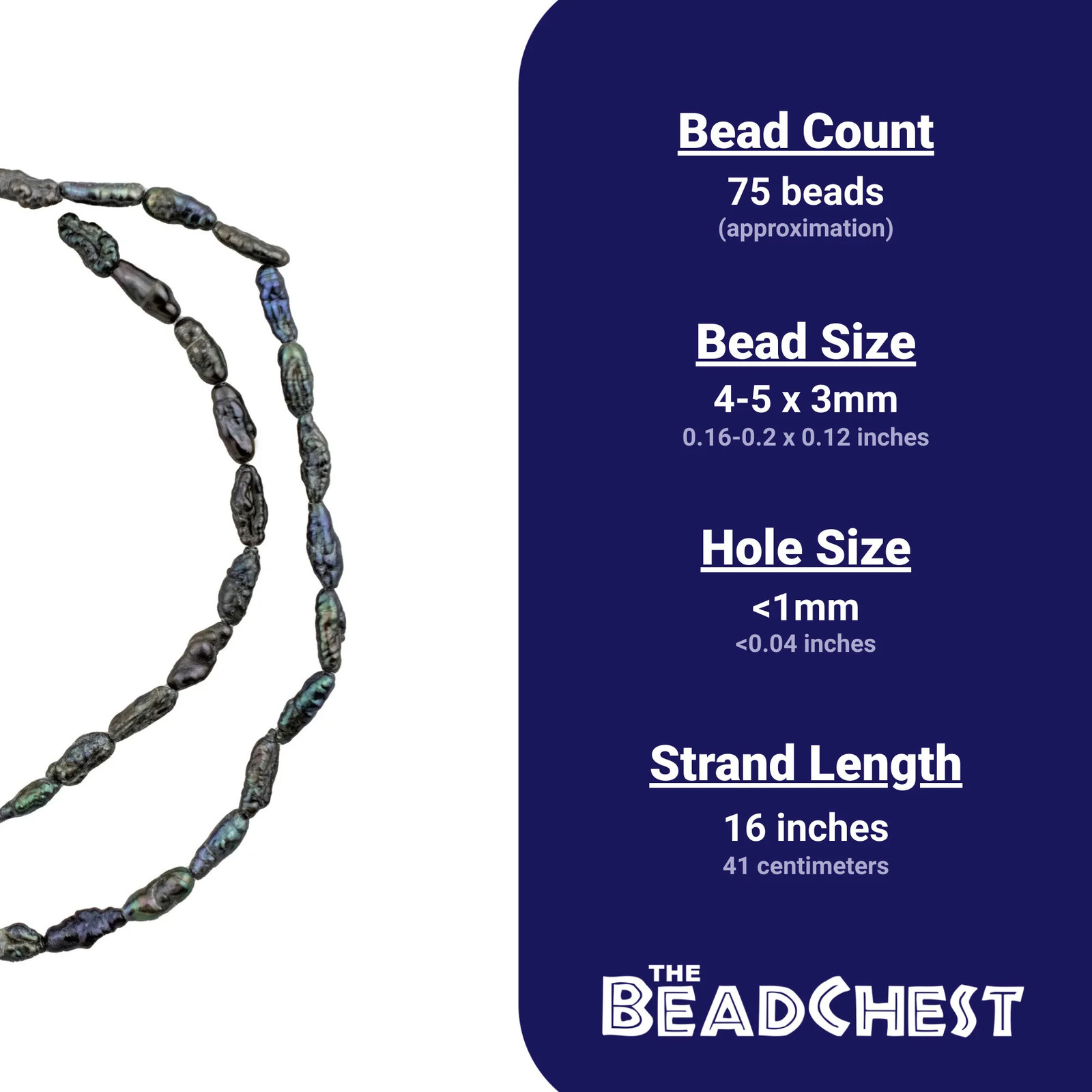 Iridescent Blue Vintage Japanese Rice Pearl Beads 3mm Black Oval 16 Inch Strand